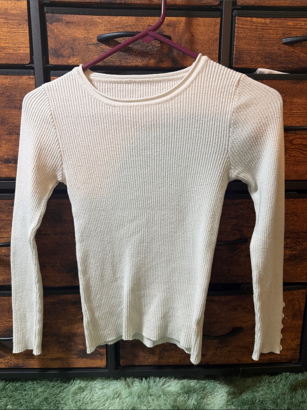 SHEIN White Scoop Neck Long Sleeve Crew neck Sweater w Decorative Cuff Buttons